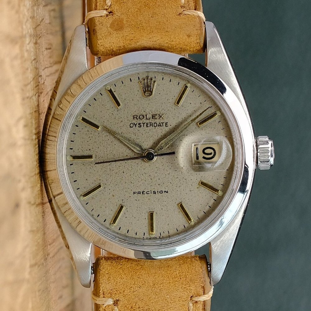 Rolex Oyster Precision Silver Index Dial Leather Watch 6694